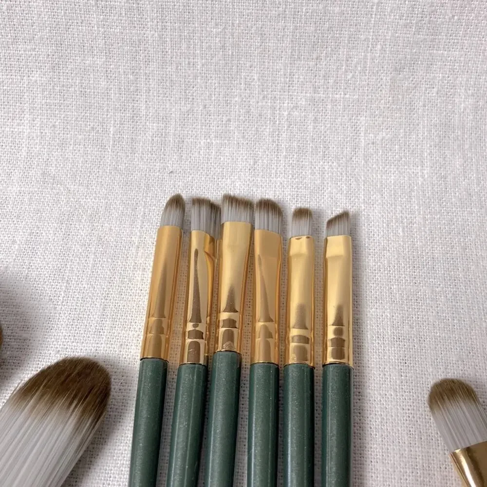 Makeup Brush Set 14 pc Brushes Green Handles Gold Tone Accent